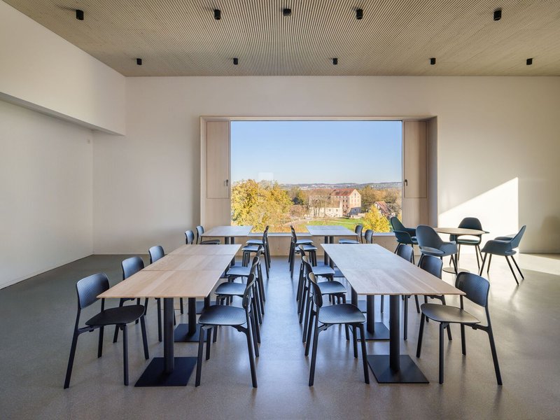 Conference tables arranged in a row beneath a timber slat ceiling with sunlight entering from the window