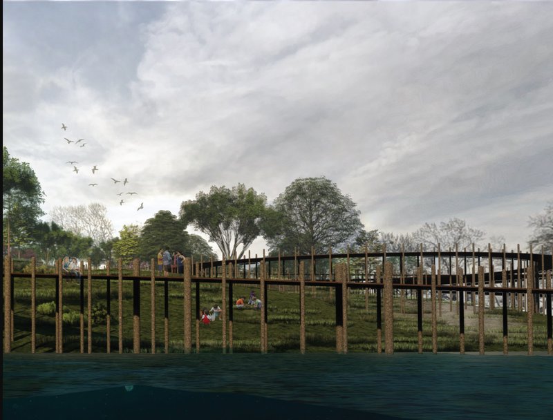 Elevated Walkway &amp; Green Space – A harmonious blend of nature and public pathways, enhancing visitor experience.