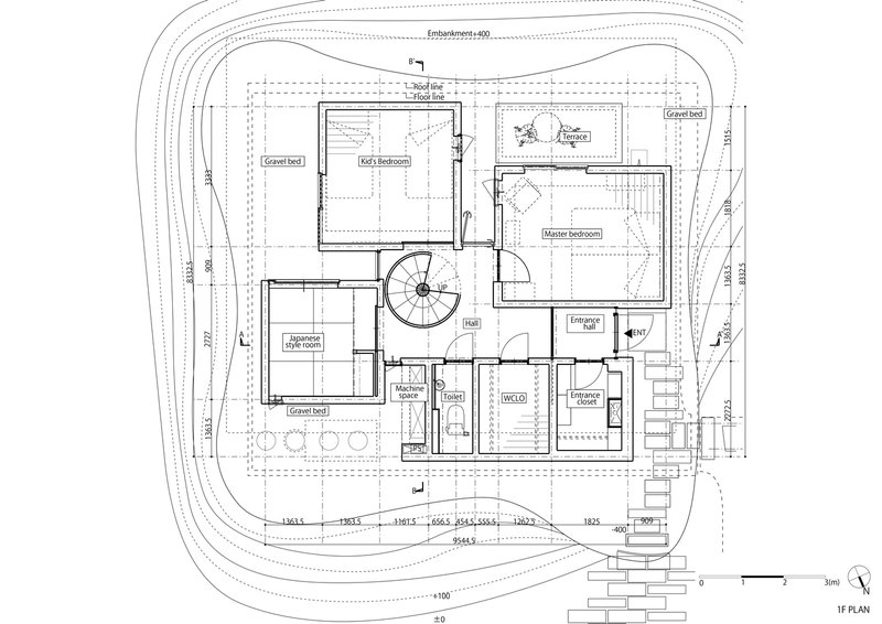 First floor plan drawing showing bedroom clusters arranged around a central spiral stair and contour lines