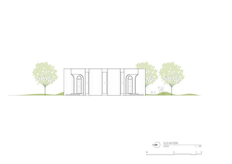 Elevation drawing showing a symmetrical facade with arched openings flanked by trees and landscaping