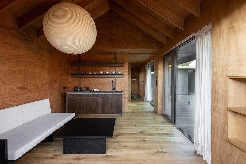Interior living space with exposed timber ceiling rafters and plywood wall cladding throughout