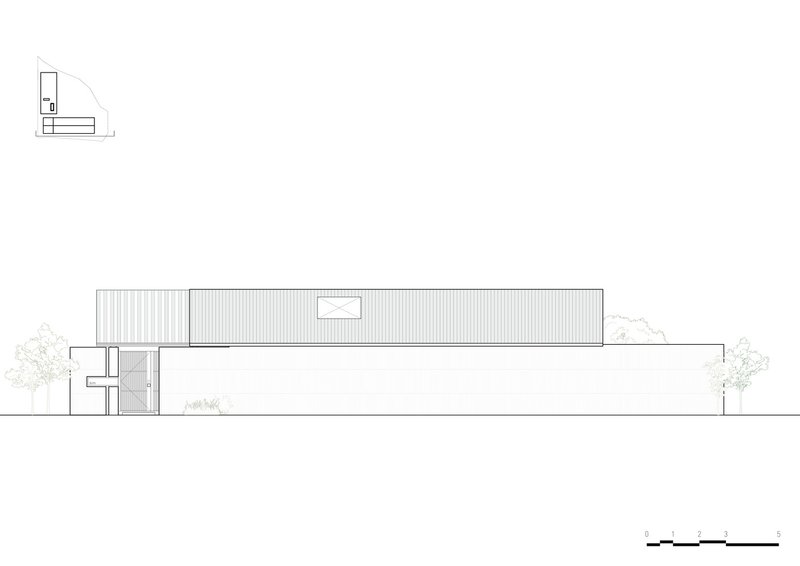 Elevation drawing of the corrugated metal clad volume with a horizontal window opening