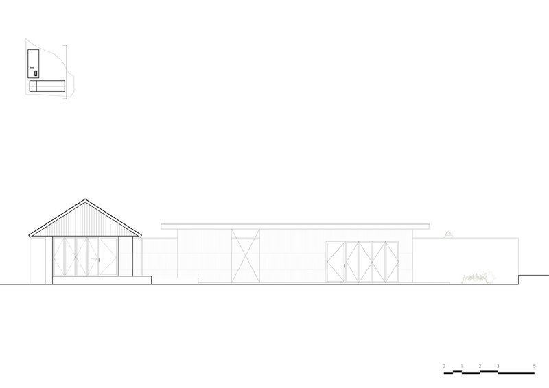 Elevation drawing showing a gabled volume connected to a flat-roofed wing with vertical cladding