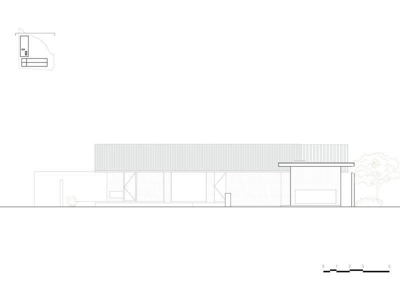 Elevation drawing showing a horizontal volume with corrugated metal cladding and a single tree