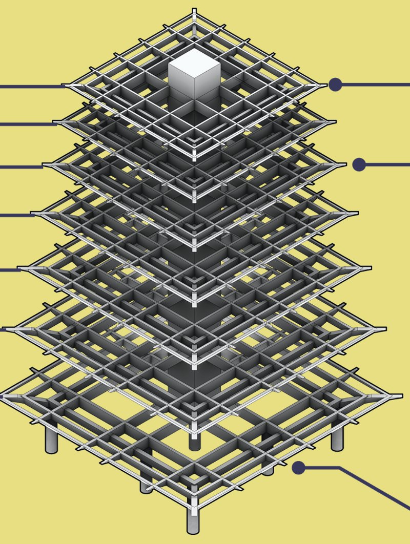 Meta Tower Structural Framework – A high-tech architectural skeleton inspired by traditional Japanese pagoda design.
