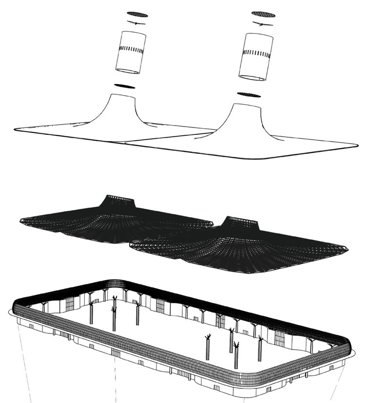 Exploded axonometric drawing showing roof layers, structural shell, and interior frame separated vertically