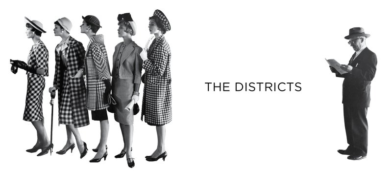 Illustrated collage showing five women in patterned coats facing a man reviewing documents