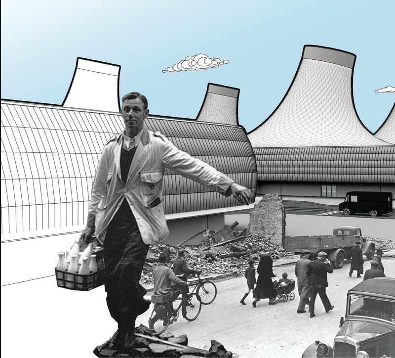 Photomontage showing a man carrying groceries past cone-shaped roofs and pedestrians on a street
