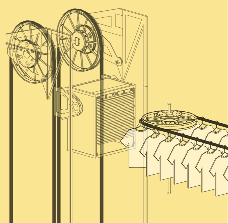 Axonometric line drawing showing mechanical reels, housing, and a turbine wheel assembly