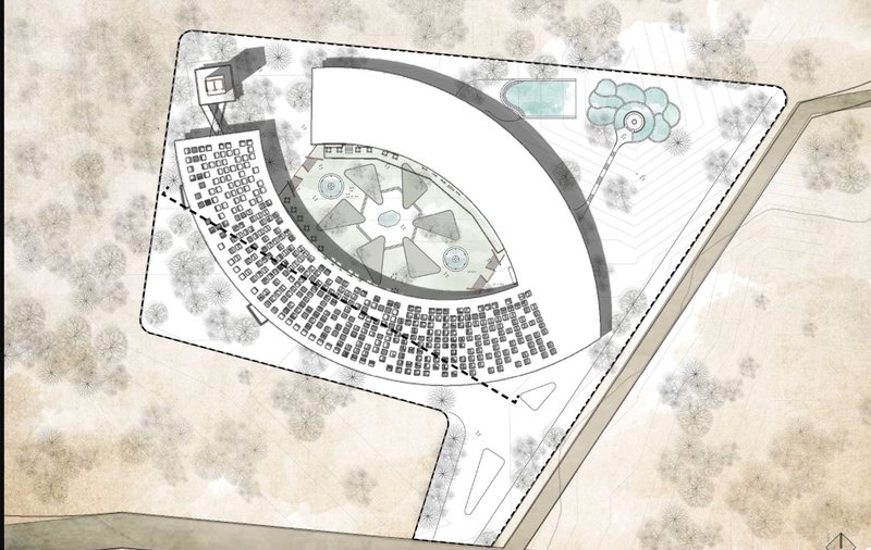 Site plan drawing showing the ring-shaped building with a central courtyard and surrounding grid of parking spaces