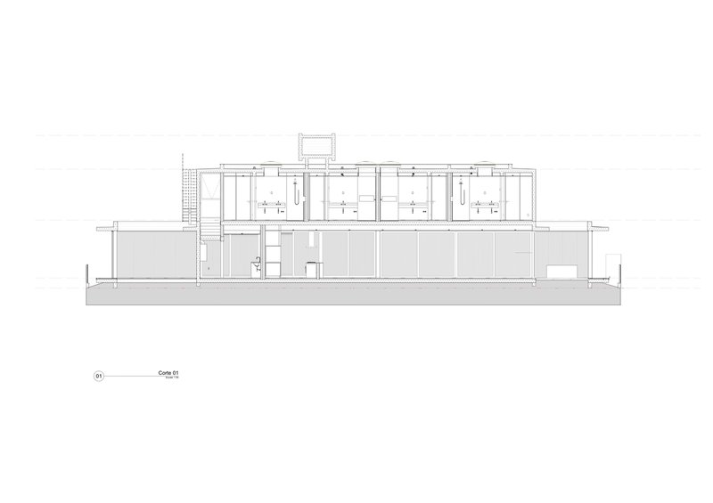 Section drawing showing two-story structure with clerestory and stepped interior volumes