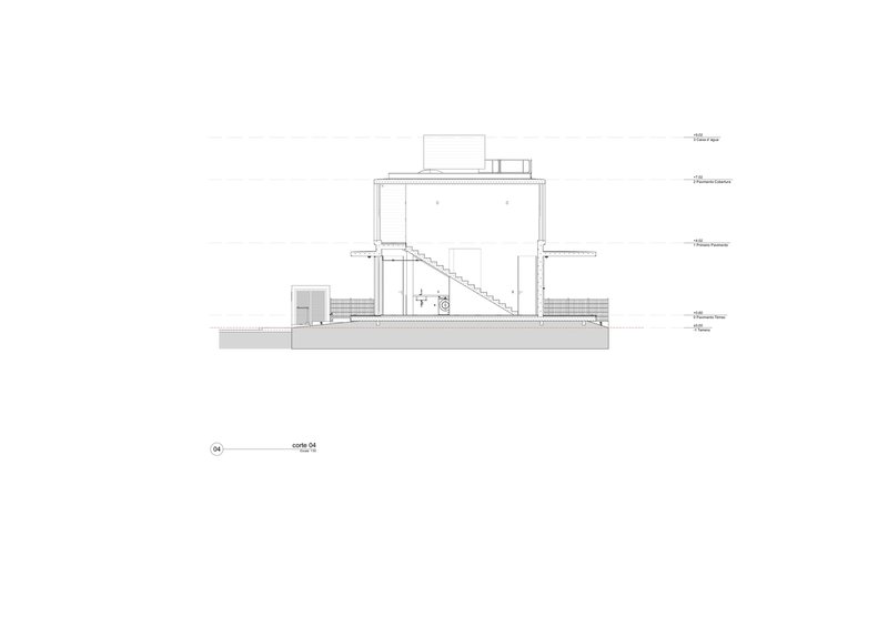 Section drawing revealing a diagonal staircase connecting ground level to an upper volume