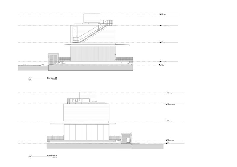 Two elevation drawings showing opposing facades with a central staircase and vertical fenestration
