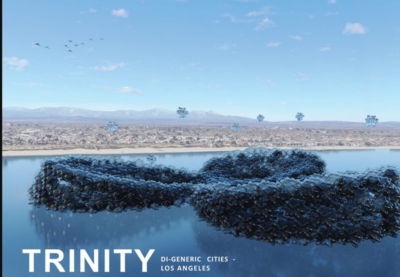 Rendering of an aggregated floating structure in a lake with distant mountains under a clear sky