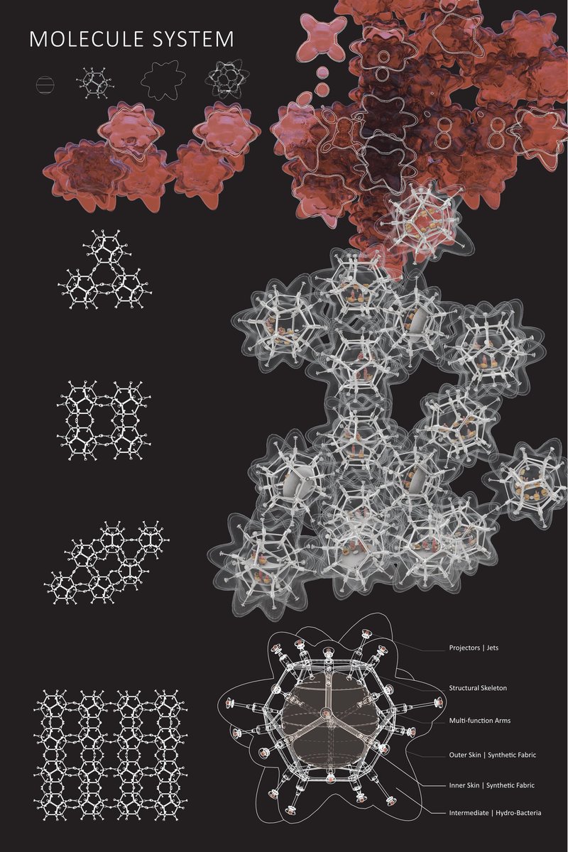 Diagram showing molecular assembly system with translucent coral-toned and white cellular geometries on black background