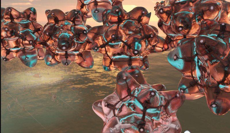 Close-up of copper and turquoise translucent modules forming a branching cluster at sunset