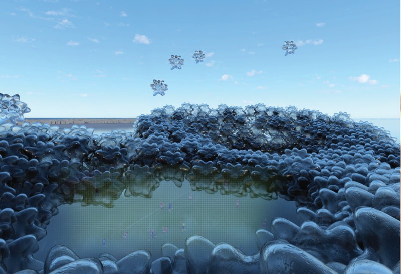 Wide view of modular blue structure forming a lagoon with scattered units floating above