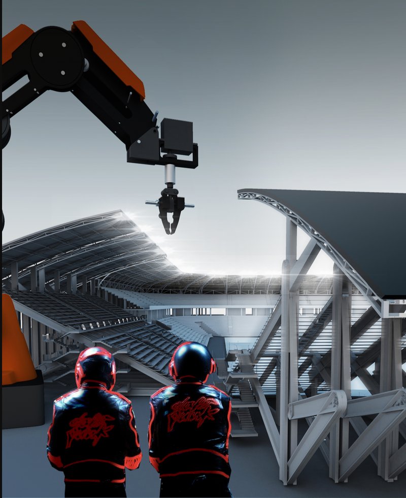 Futuristic Stadium Construction – Robotic arms assembling modular stadium structures for ultimate adaptability.