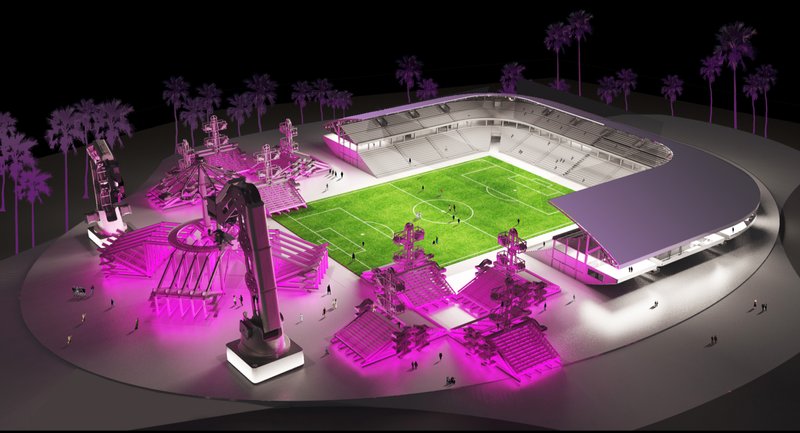 Modular Stadium at Night – The stadium transforms into an amusement park with vibrant lighting.