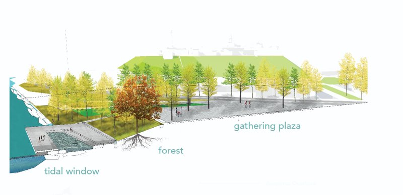 Tidal Window &amp; Gathering Plaza – A sustainable landscape blending water management with public space.