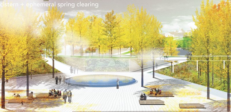 Cistern &amp; Ephemeral Spring Clearing – A serene gathering space celebrating water conservation.