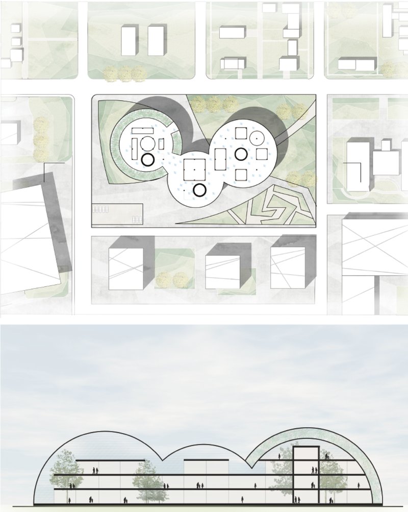 Futuristic Market Design Plan – An architectural blueprint for a sustainable, community-focused market.