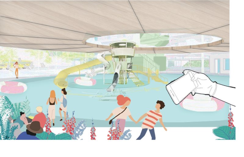 Interactive Water Market Concept – A modern approach to leisure and retail with digital integration.