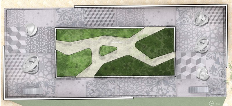 Museum Rooftop Plan – A geometric design integrating green and open spaces.