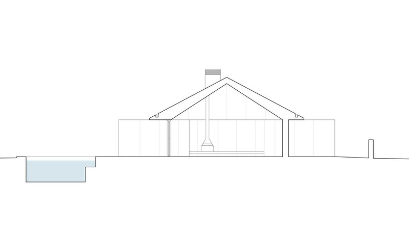 Section drawing through the gabled volume showing interior height and adjacent pool