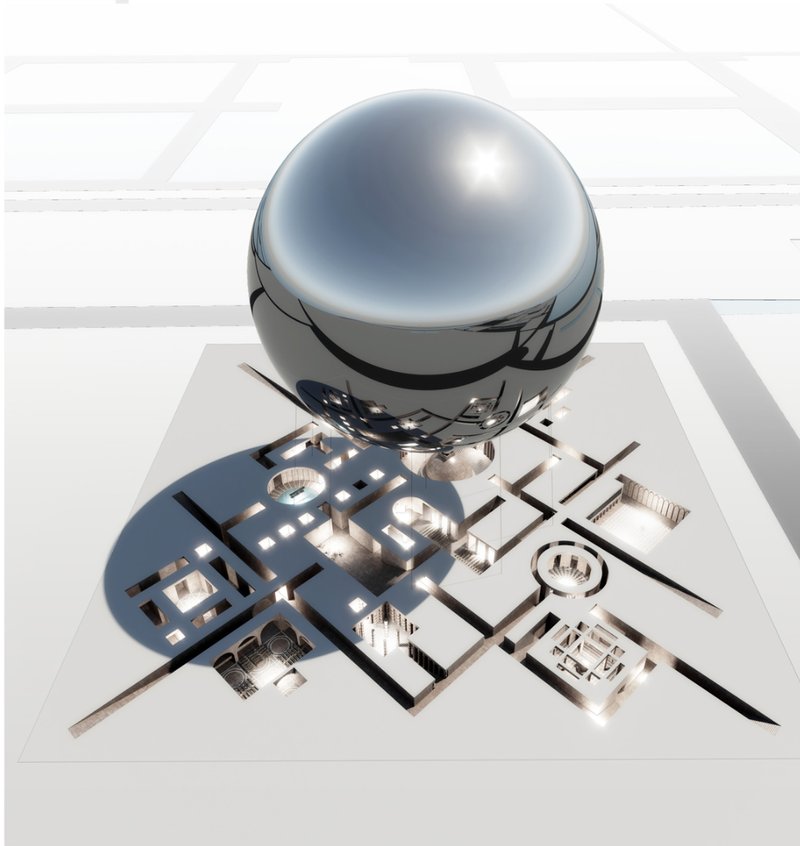 Axonometric model showing a spherical dome above a white floor plan with courtyards and rooms
