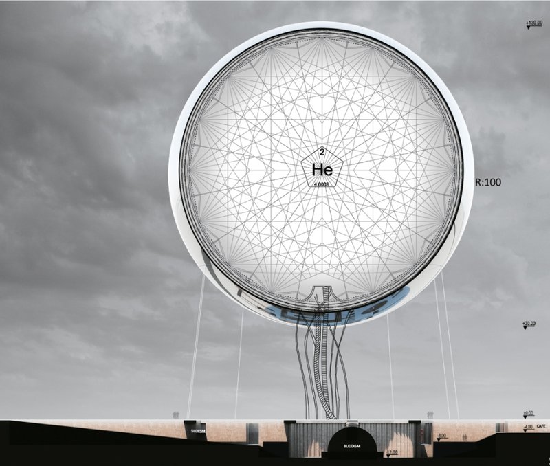 Section drawing of a spherical structure with geometric mesh pattern and supporting core below