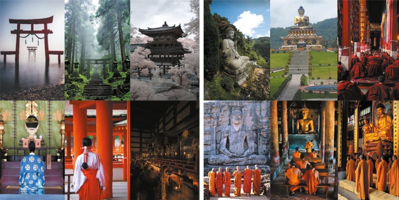 Collage of temple structures with timber roofs, stone statues and monks in orange robes