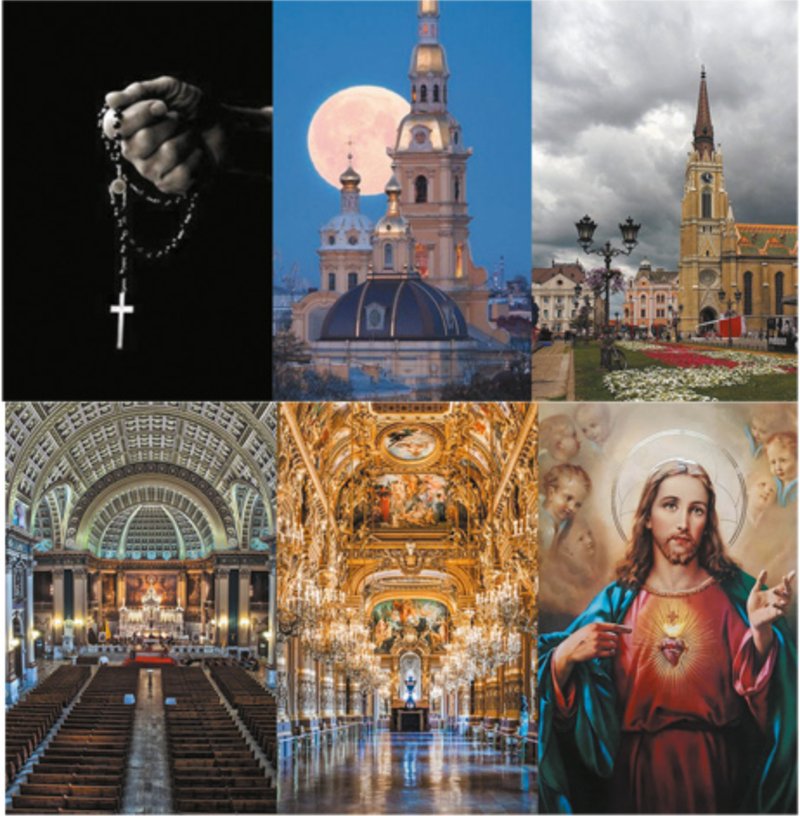 Collage of church domes, towers and vaulted interiors with chandeliers under cloudy skies