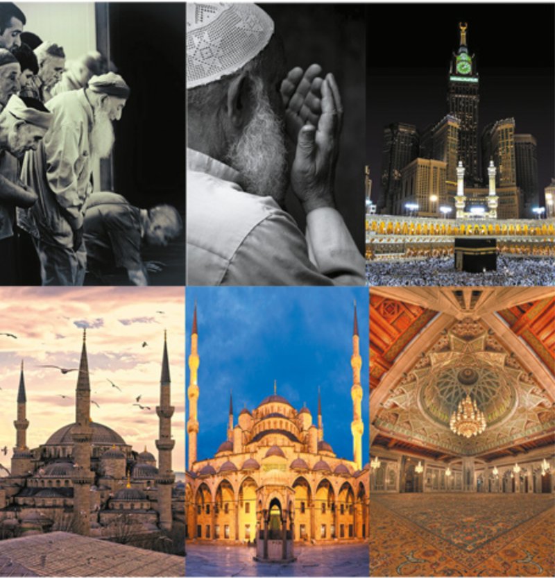 Collage of six photographs showing mosques and prayer spaces illuminated at dusk and night