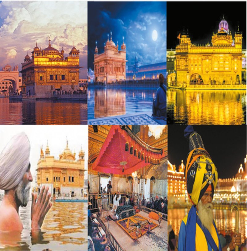 Collage of a gilded temple with domes and towers reflected in water at dusk