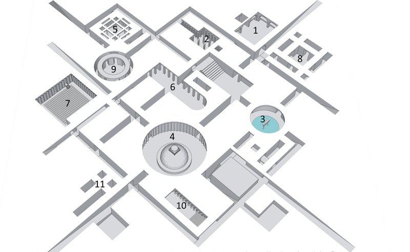 Axonometric drawing showing numbered worship chambers and circulation paths distributed across an interconnected layout