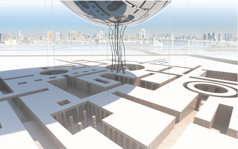 Rendered aerial view showing rooftop prayer spaces with circular and rectangular voids and suspended orb