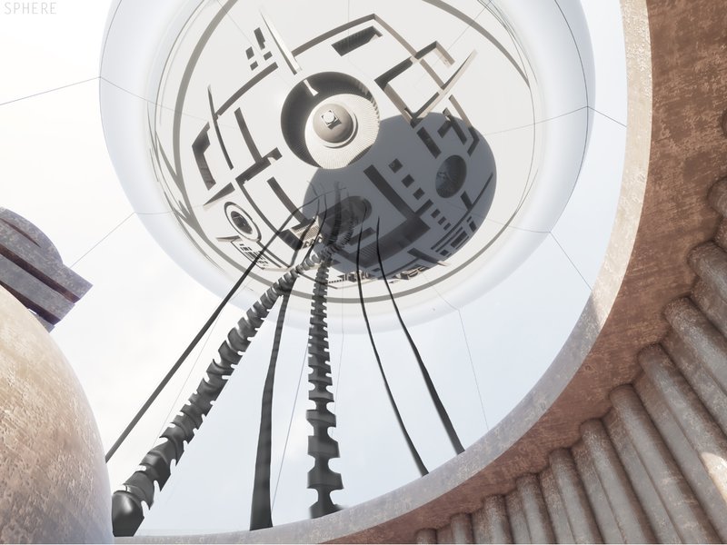 View looking up through a circular void with suspended sphere and surrounding stepped brick walls
