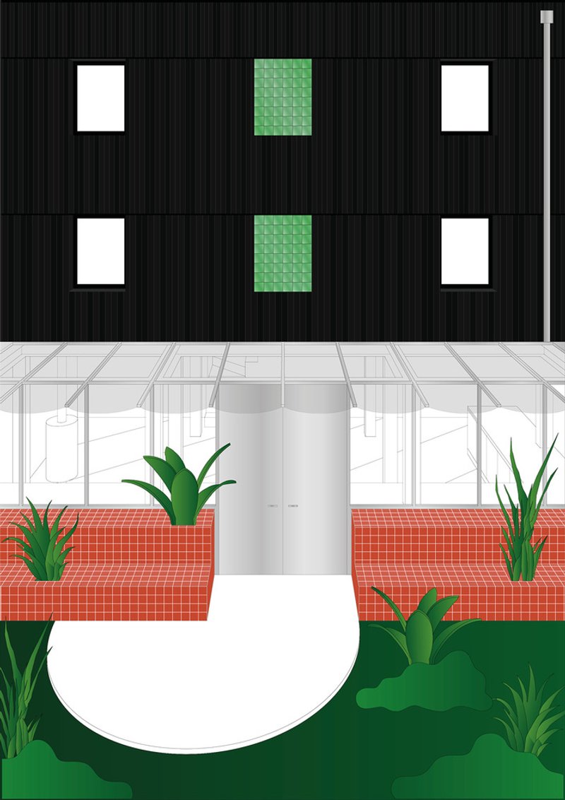 Section drawing showing the facade with glass block panels, corrugated cladding and planted beds below