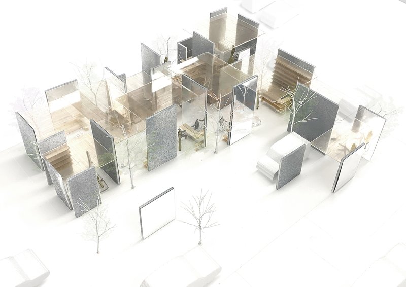 Axonometric drawing showing interlocking timber and translucent panel volumes around interior planted courtyards