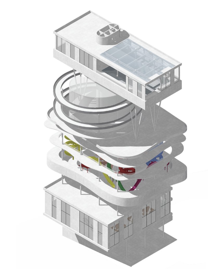 Exploded Axonometric View – A detailed breakdown of the Water Tower’s multi-functional levels.
