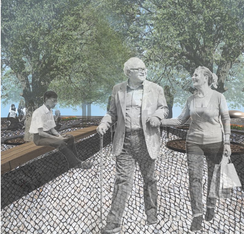 Gathering Plaza – A welcoming communal space shaded by lush trees.