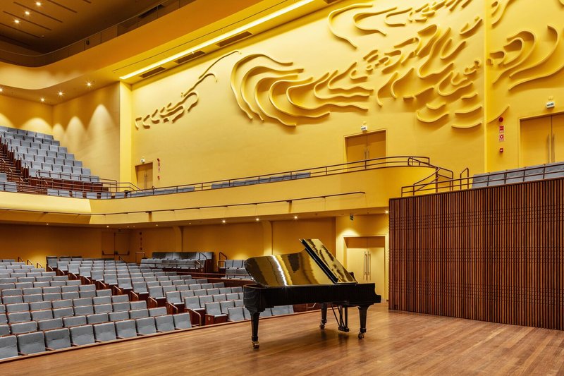 Concert hall interior with relief-sculpted wall, tiered seating, vertical wood slat panels, and grand piano on wooden stage