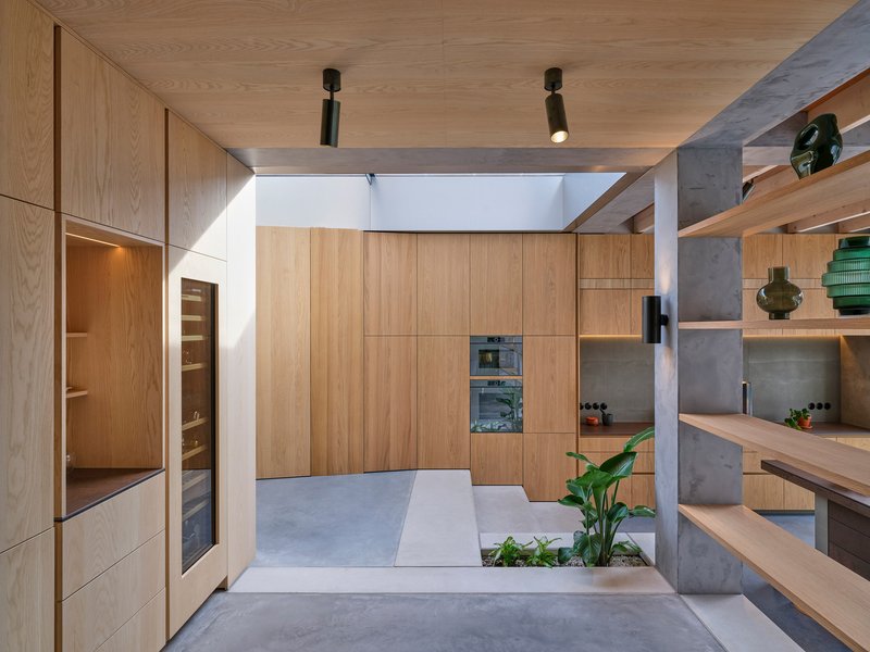Kitchen volume clad in oak veneer with planted threshold and skylit concrete frame above