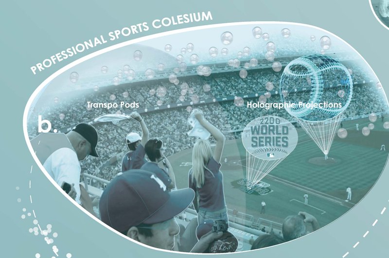 Professional Sports Coliseum – Watch immersive sports events with floating Transpo Pods and holograms.
