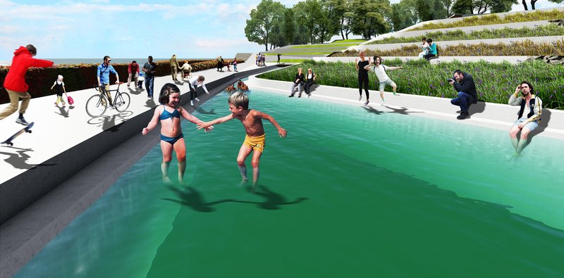 Playful Water Interaction – Children enjoy the recycled water pool, promoting sustainability through interactive design.
