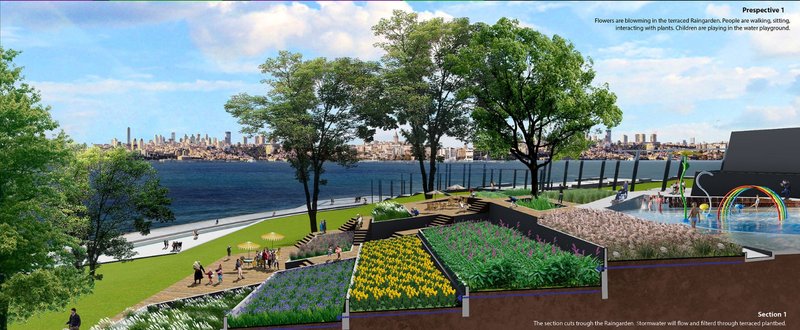 Terraced Rain Garden – A lush, vibrant green space integrating stormwater filtration with urban beauty.