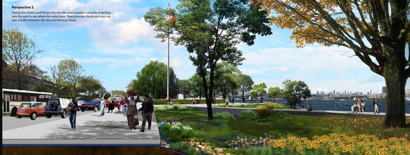 Eco-Friendly Urban Entryway – Street runoff seamlessly flows into the sustainable park, inviting public engagement.