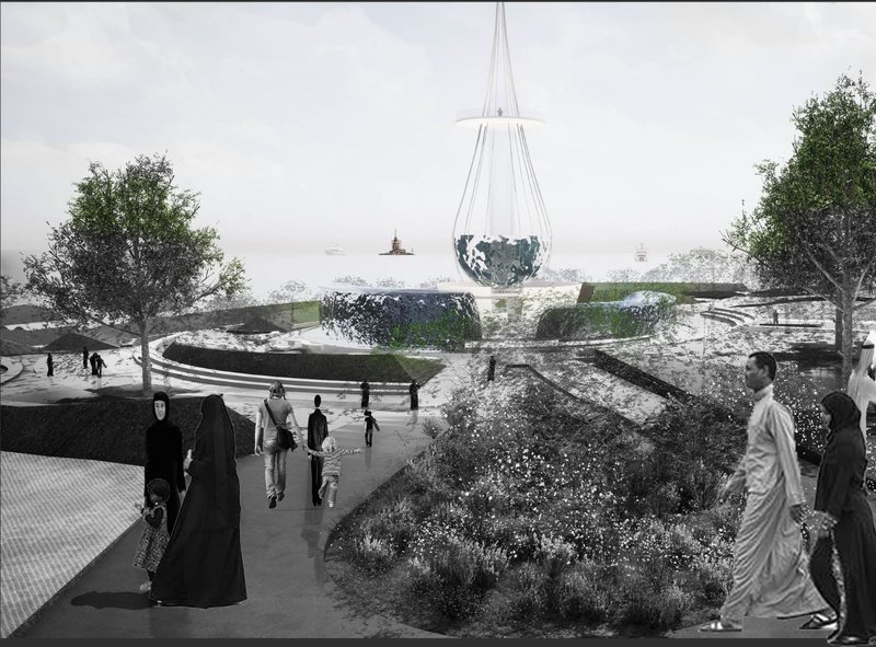 A Vision for Sustainability – Visitors explore the water-inspired landscape, featuring the iconic drop-shaped tower.