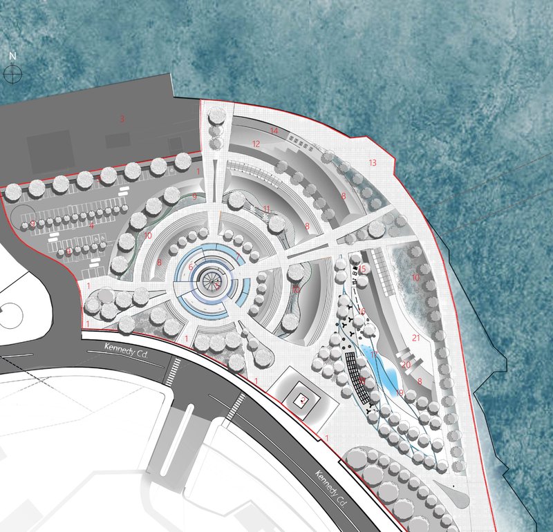 Inspired by Water Ripples – A sectional perspective illustrating the drop tower's impact on the landscape.